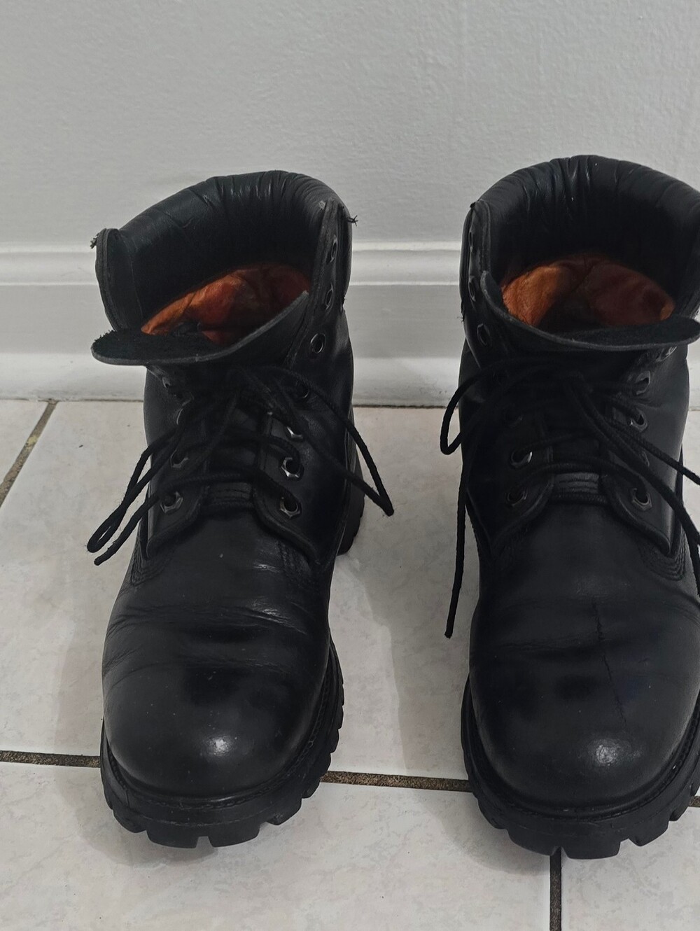 Timberland Black Leather Lace-Up Work Boots with Brown Lining